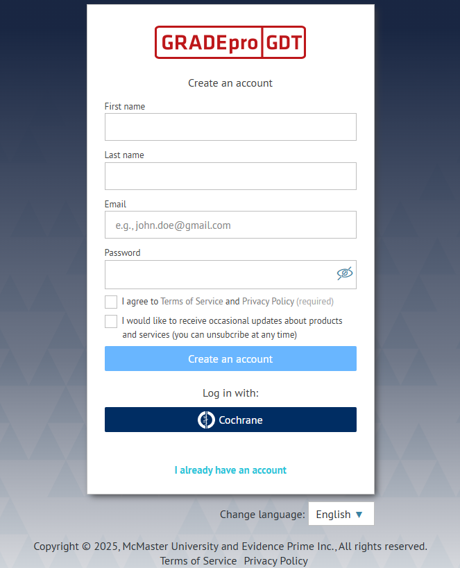 screenshot of sign-up screen in GRADEpro