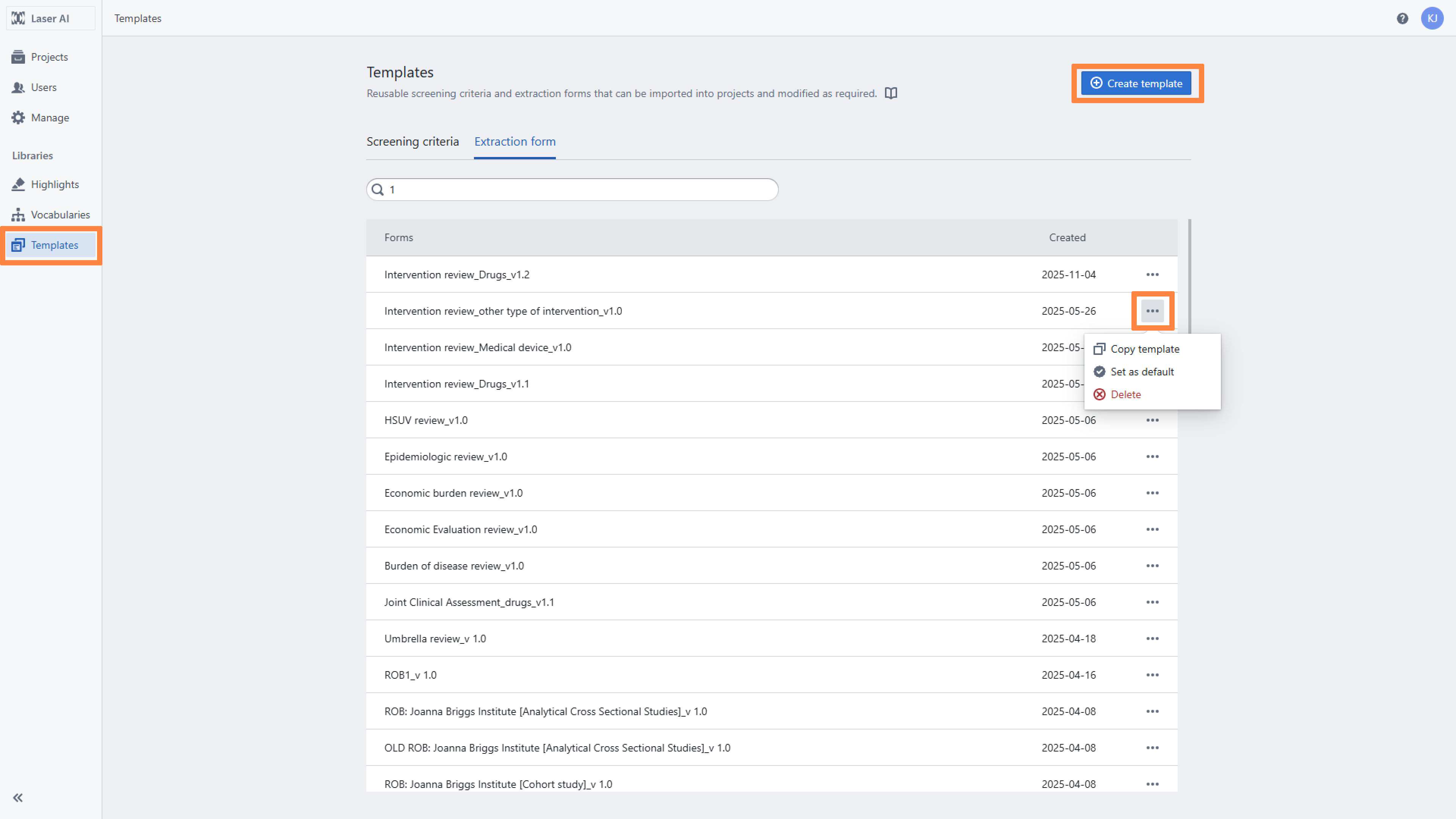 'Extraction forms' section in the 'Templates' panel.
