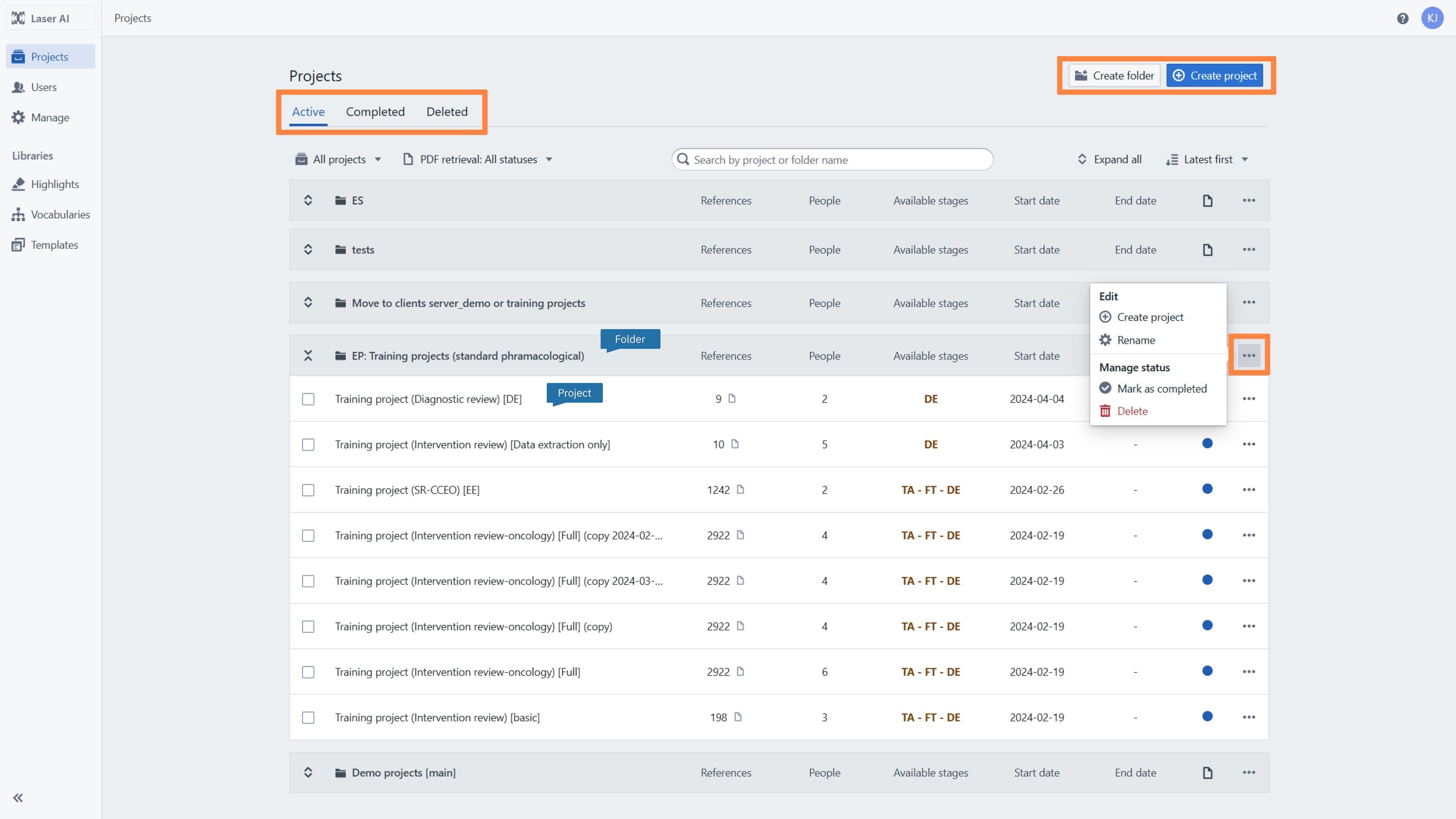 Project management interface showing a list of projects organized into folders, with filters for 'Projects I’m on' and 'Latest first.' A search bar is available at the top, and a three-dot menu next to each project offers options like settings, archive, or delete.