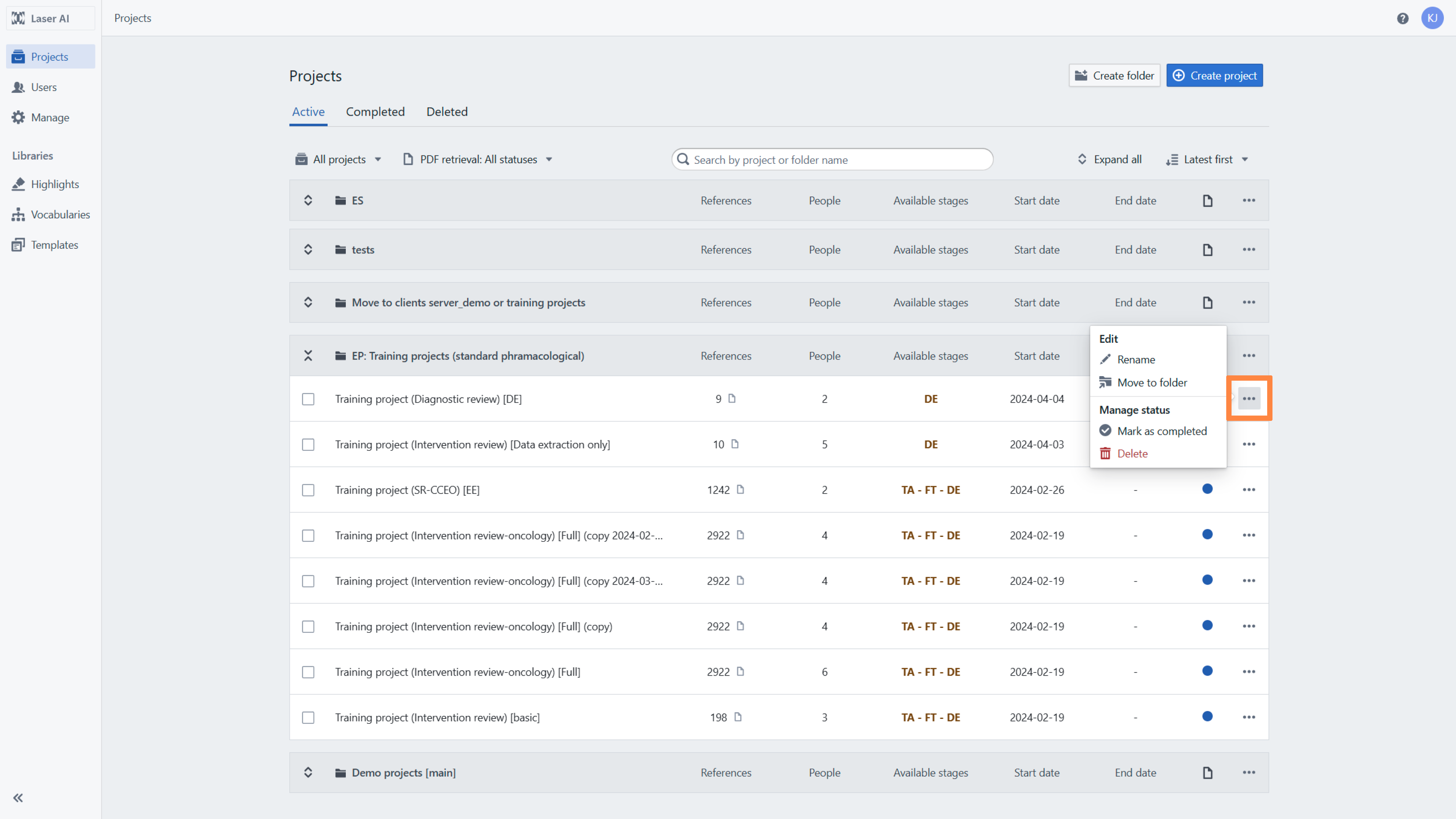 Project management interface showing a list of projects organized into folders