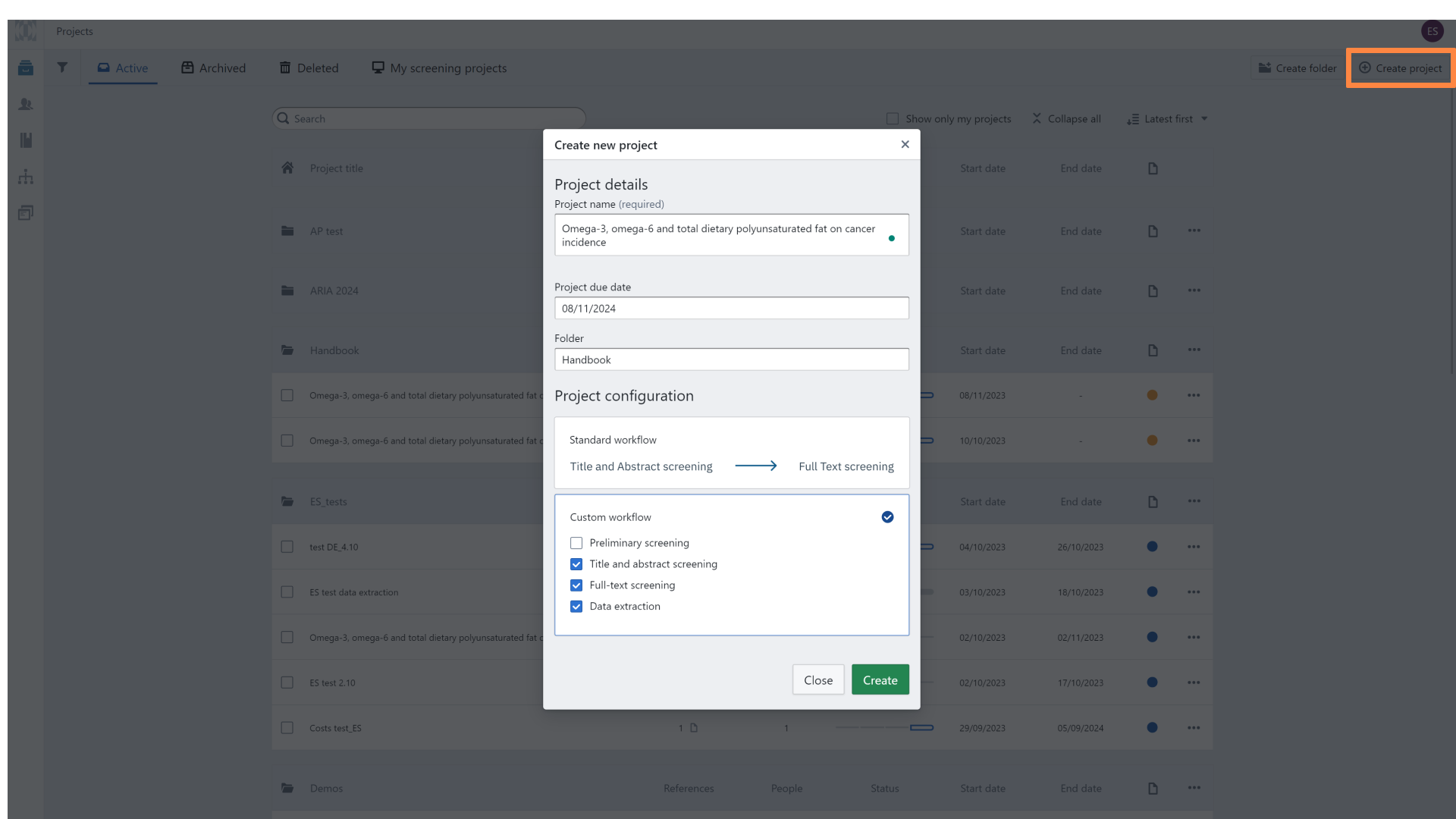 New project creation panel with project details and configuration sections  