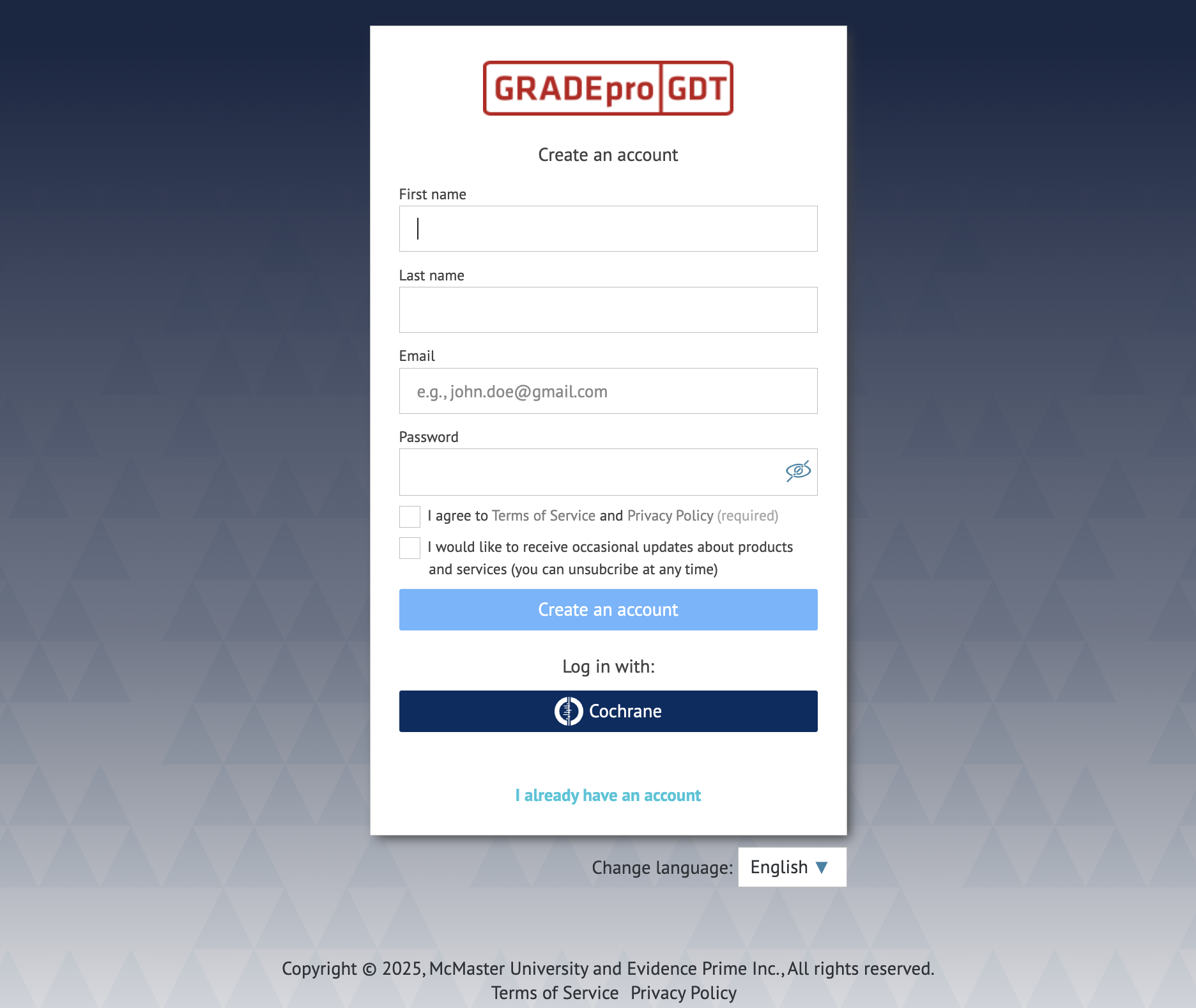 screenshot of 'Create an account' option on GRADEpro website
