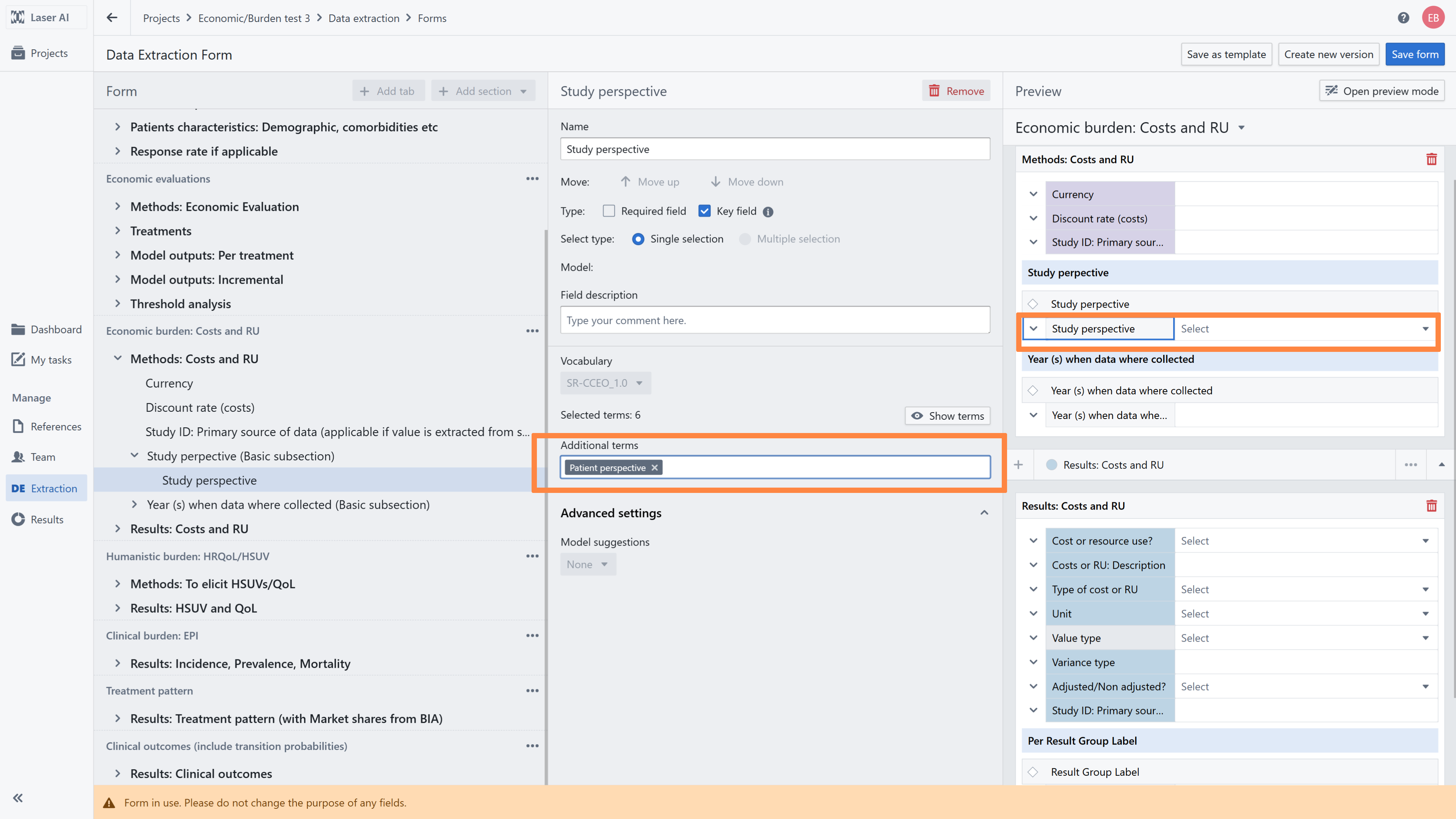 Overview of data extraction form with highlighted changes to existing vocabulary