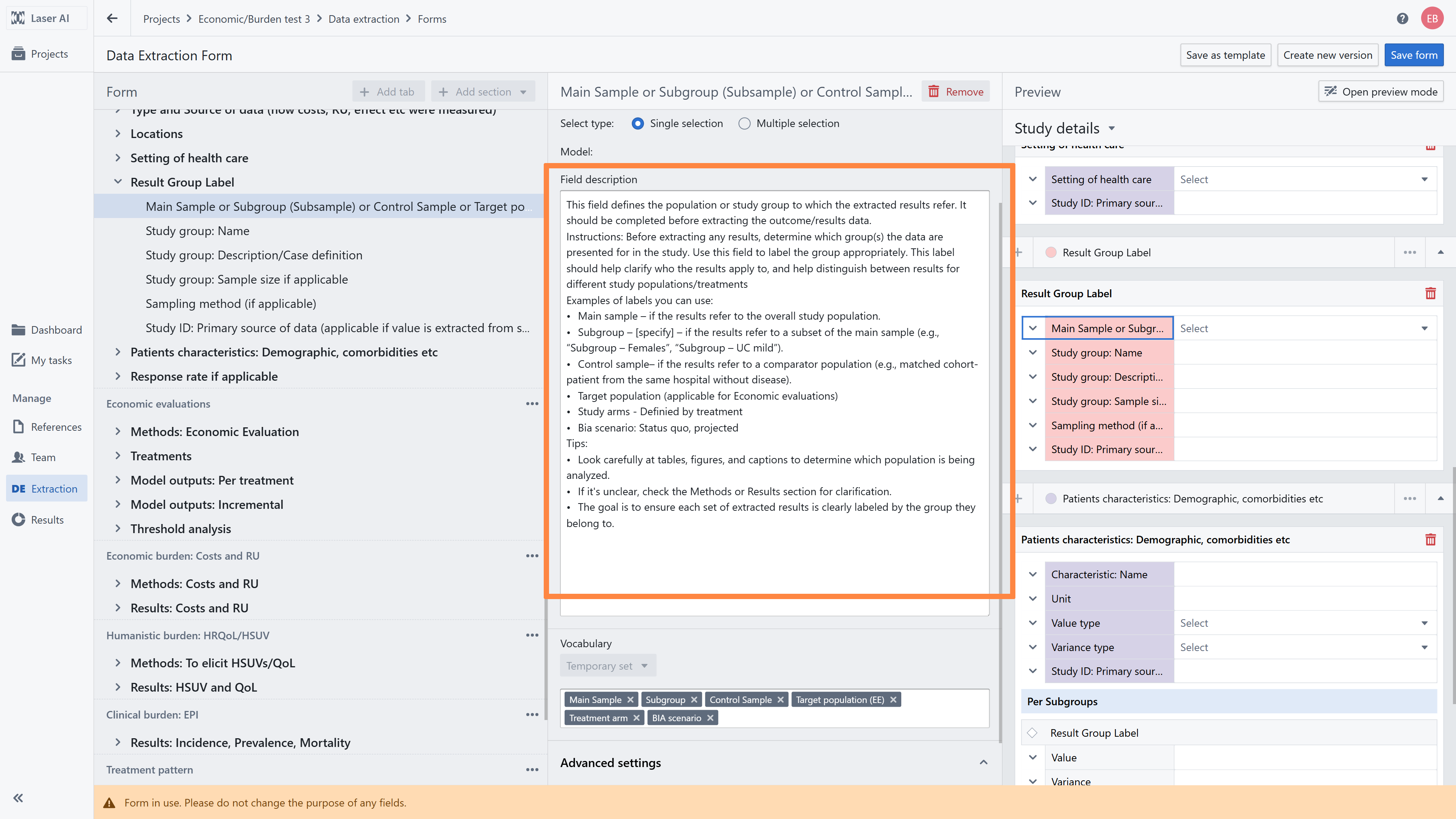 Overview of data extraction form with highlighted changes in the Filed description section