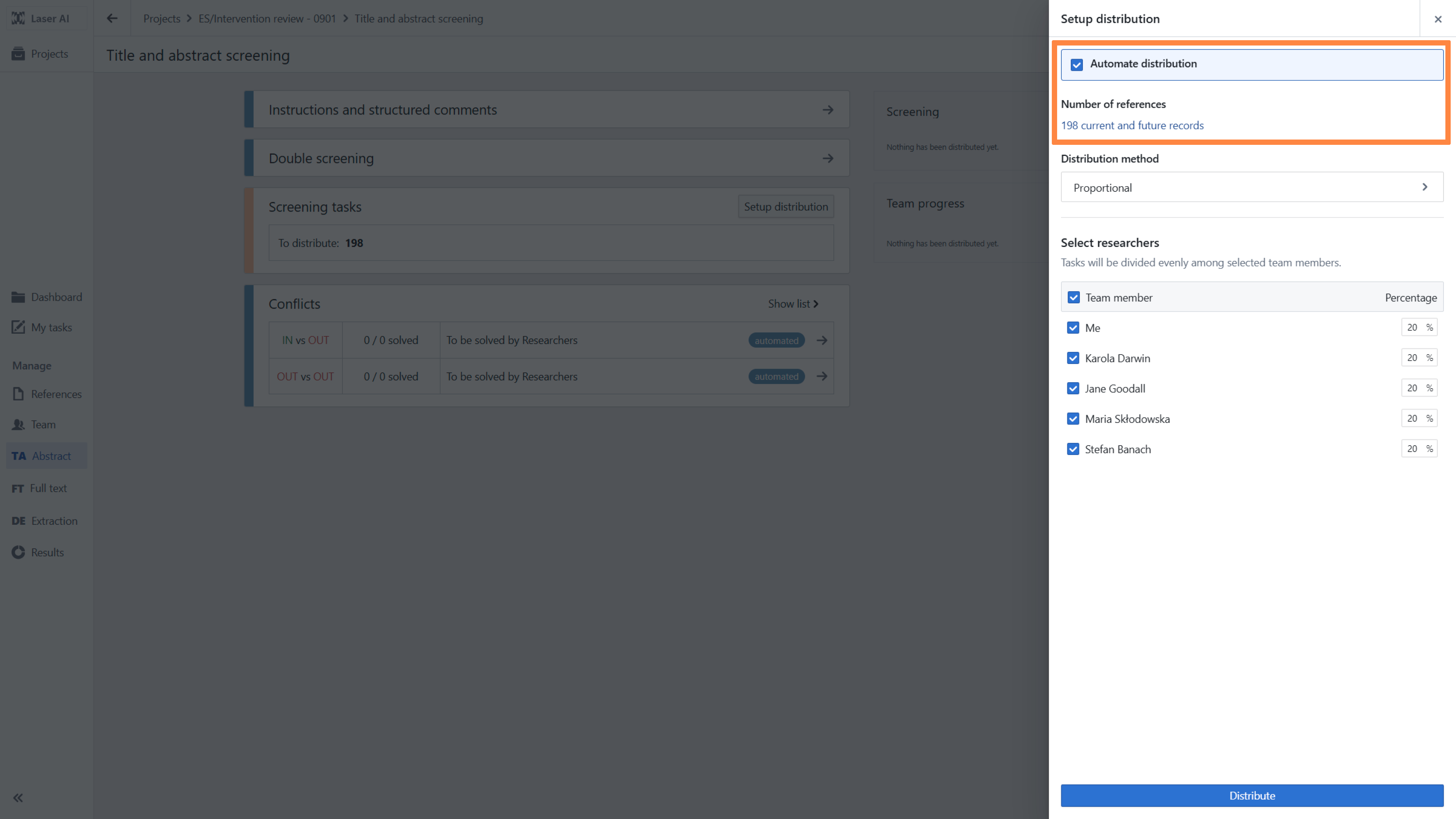 Screening task distribution panel showing automated distribution enabled
