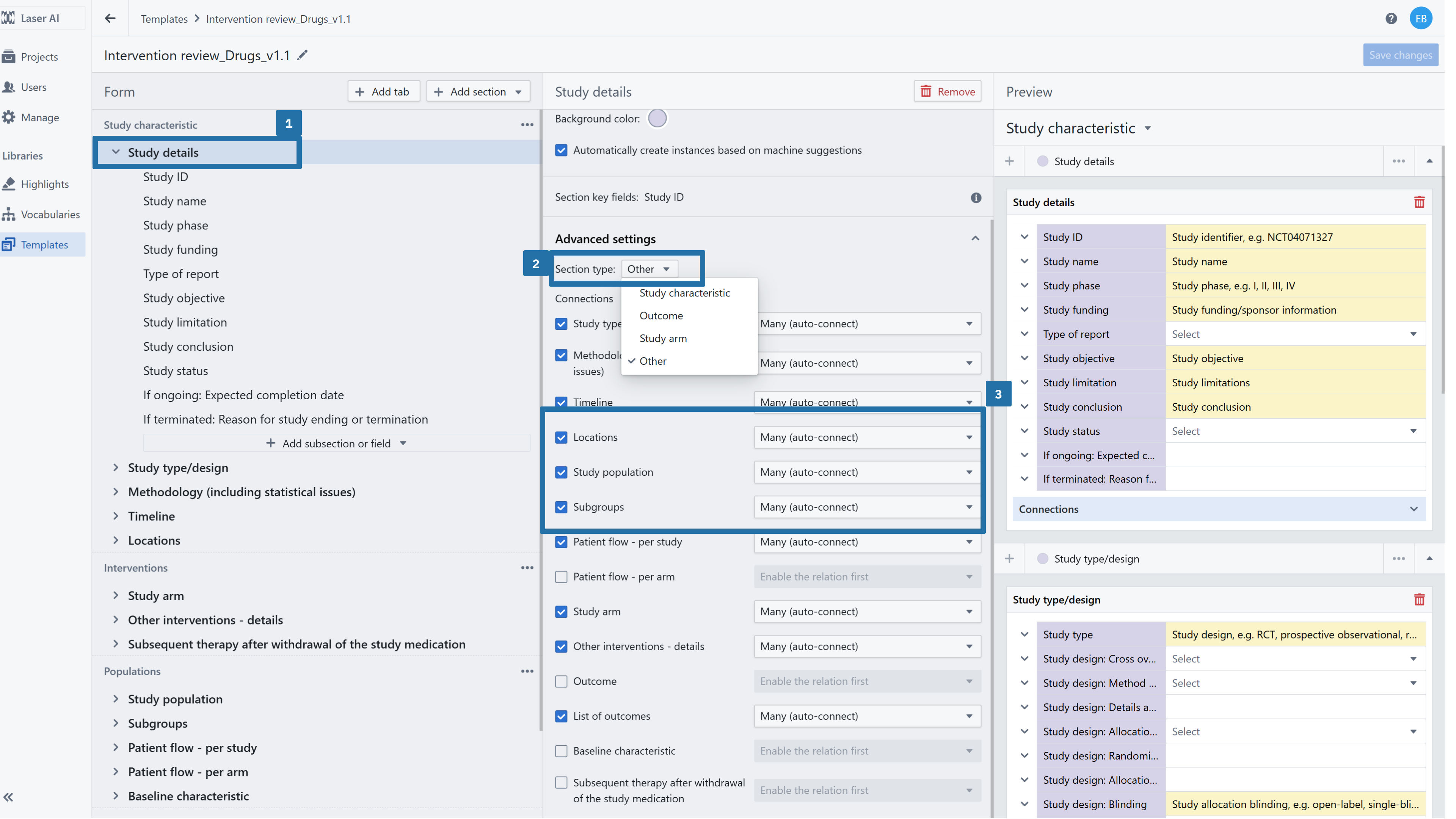 Data extraction form overview with highlighted steps to create autoconnection between sections
