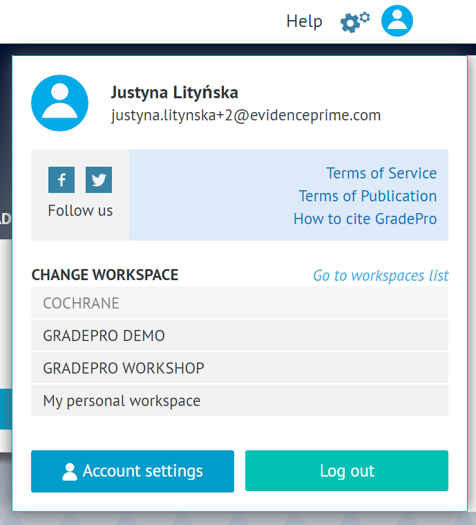 screenshot of options in user menu available on top right corner of GRADEpro dashboard 