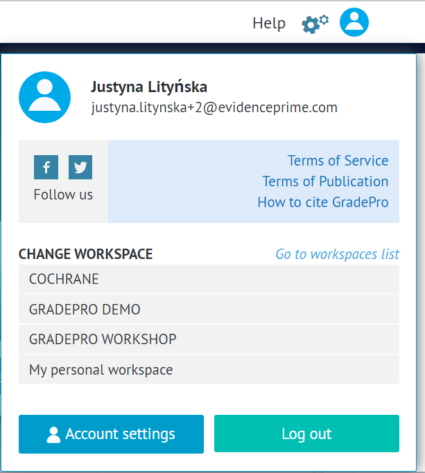 screenshot of options in user menu available on top right corner of GRADEpro dashboard