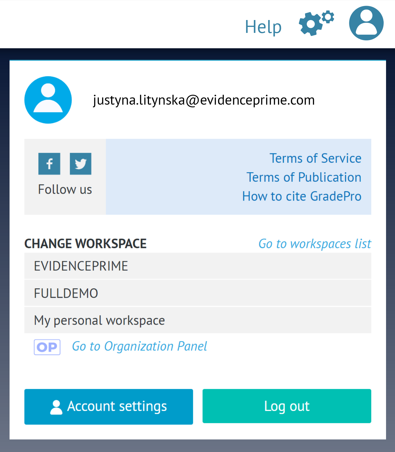 screenshot of user menu in top right corner of GRADEpro