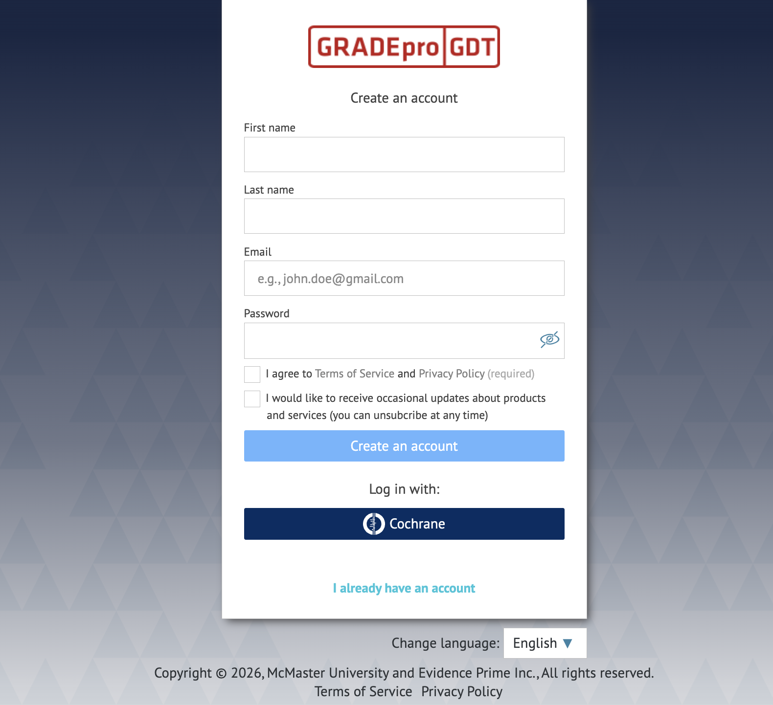 screenshot of 'Create an account' window in GRADEpro