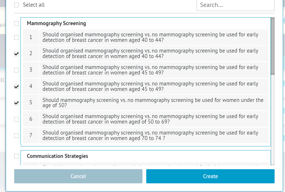 list of PICO questions in original project