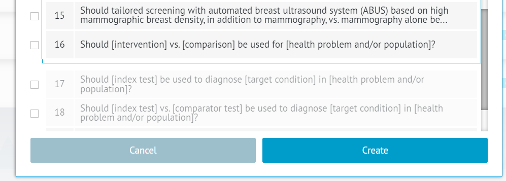 list of PICO questions in original project with some questions inactive for adolopment