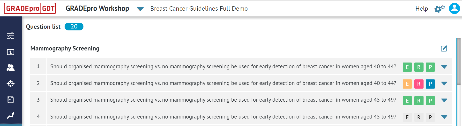 screenshot of 'Comparisons' tab with list of project questions