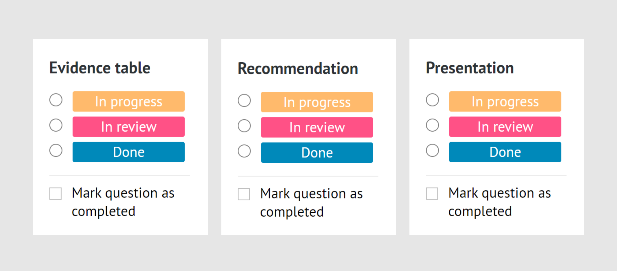 project progress tracking completion box