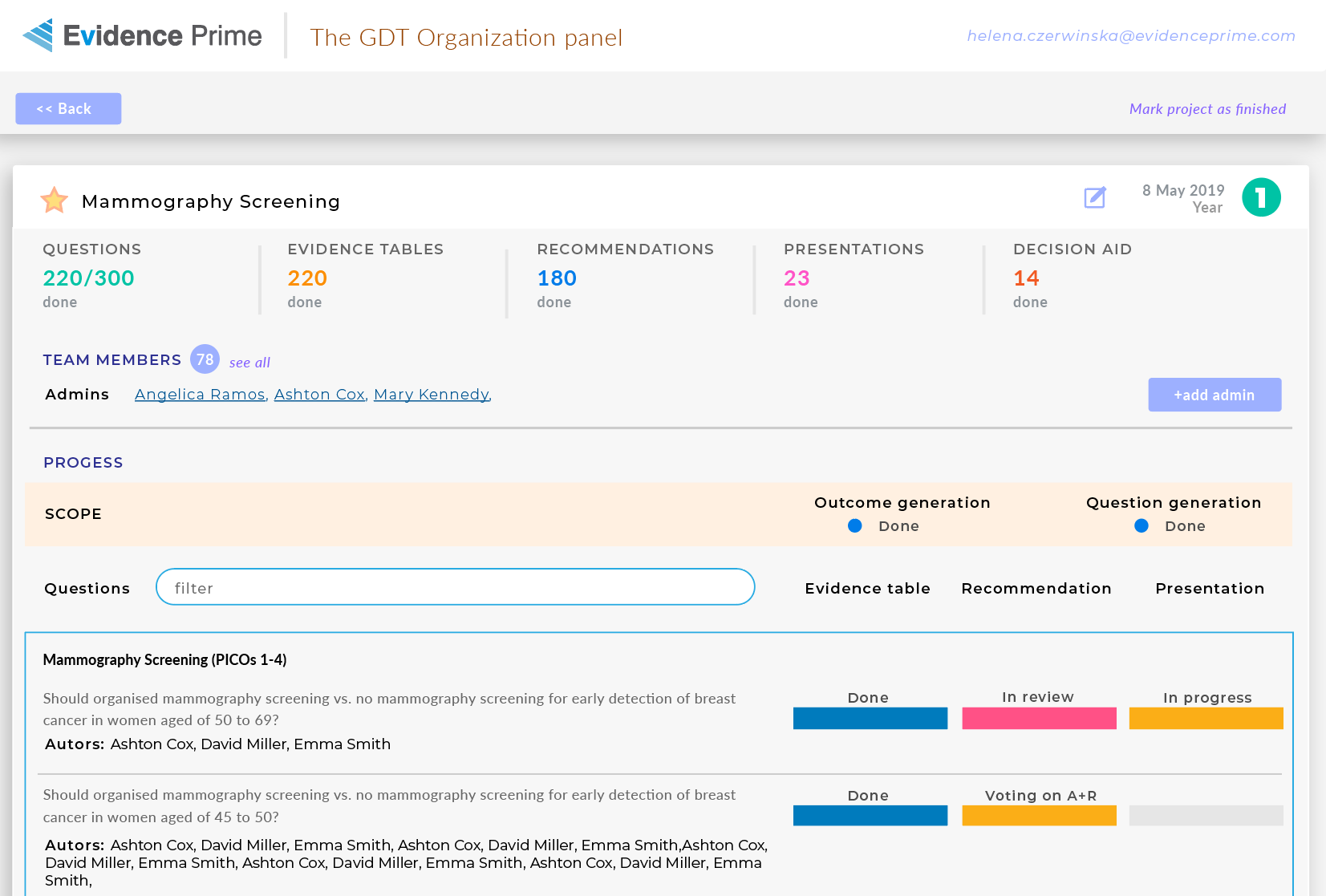 project details view available for admins for monitoring PICO question progress