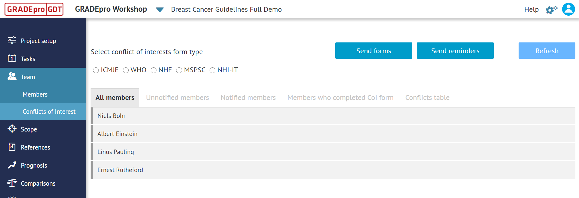 screenshot of 'Conflict of Interests' section panel members list in the 'Team' tab prior to CoI form submission