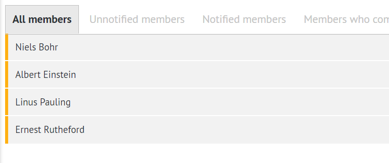 screenshot of 'Conflict of Interests' section panel members list in the 'Team' tab after CoI form sending