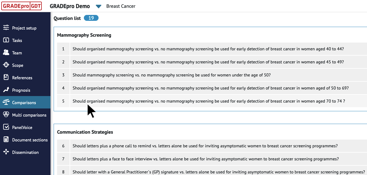 PICO questions list from 'Comparisons' tab of project