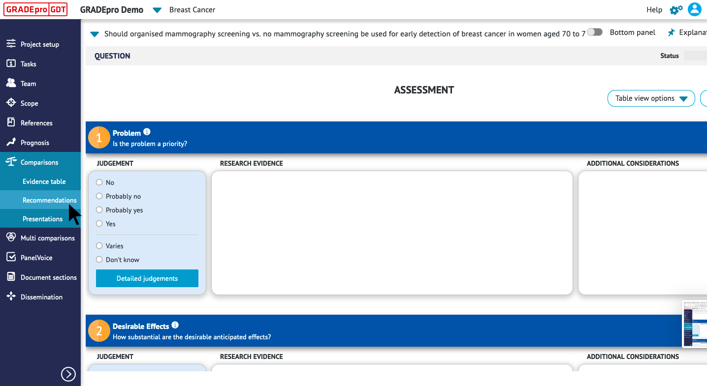 screenshot of the Recommendations section under Comparisons sidebar tab of GRADEpro