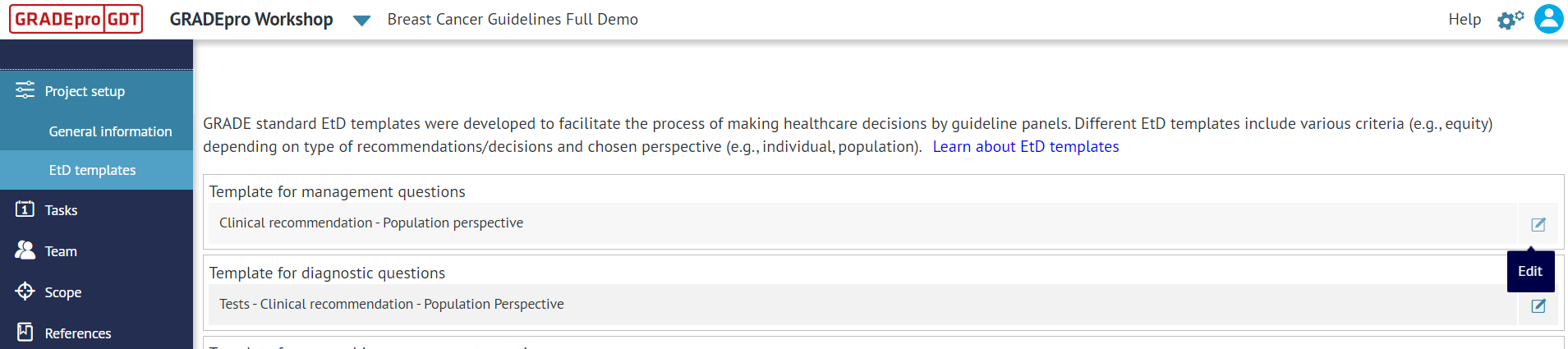 screenshot of edit mode for template in 'EtD templates' section of 'Project setup' tab