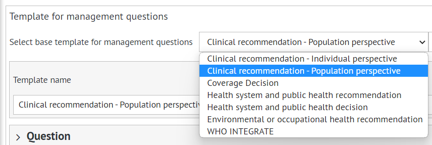 list of templates for management questions available in 'EtD templates' section of 'Project setup' tab
