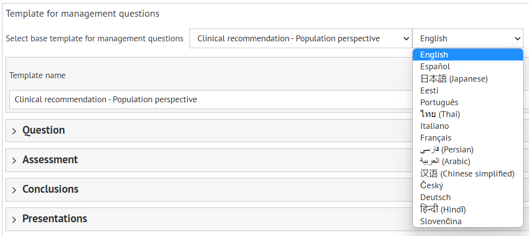 list of available languages for EtD table in 'EtD templates' section of 'Project setup' tab