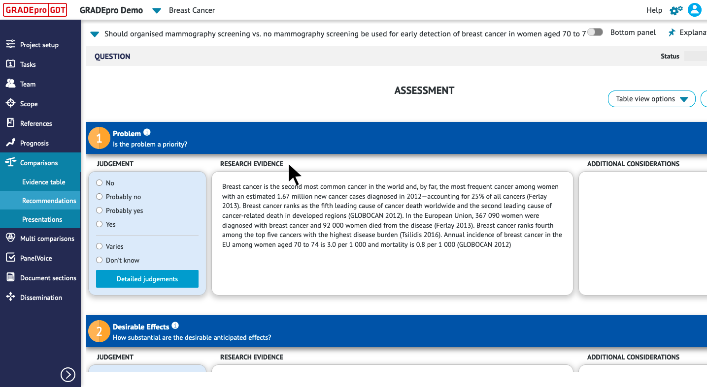 screenshot of Assessment part of Recommendations section under Comparisons sidebar tab of GRADEpro