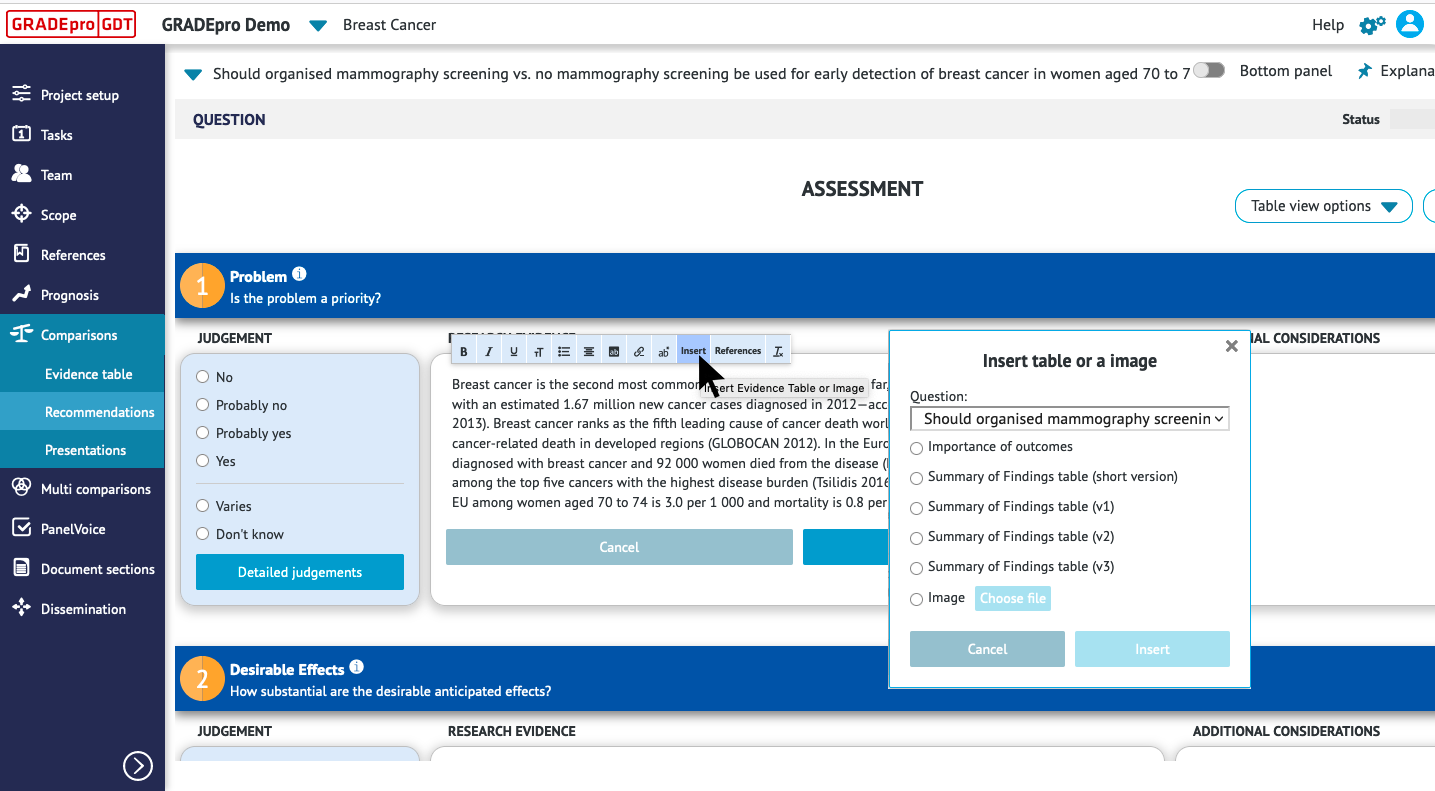 screenshot of insert table or image option in Assessment part of Recommendations section