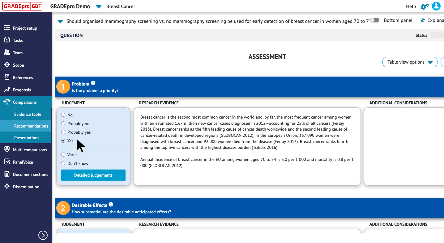 screenshot of judgments option for exemplary criterion in Assessment part of Recommendations section
