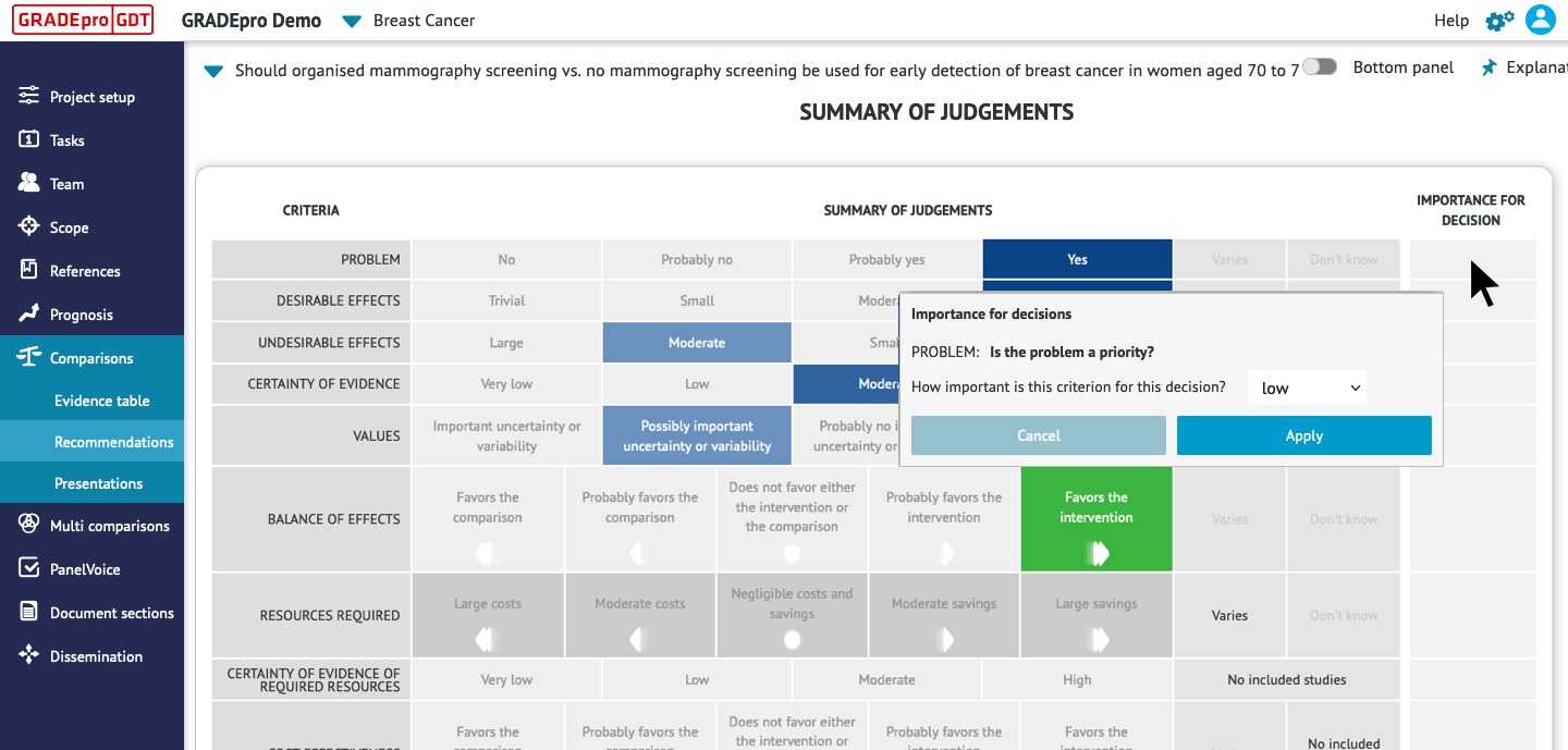 screenshot of importance for decision option for exemplary criterion in Summary of Judgements part of Recommendations section