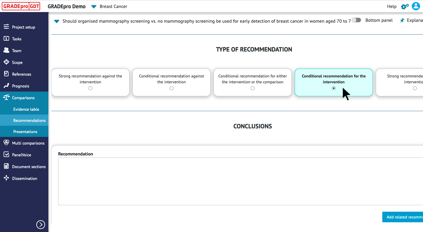 screenshot of Type of Recommendation part of Recommendations section under Comparisons sidebar tab of GRADEpro