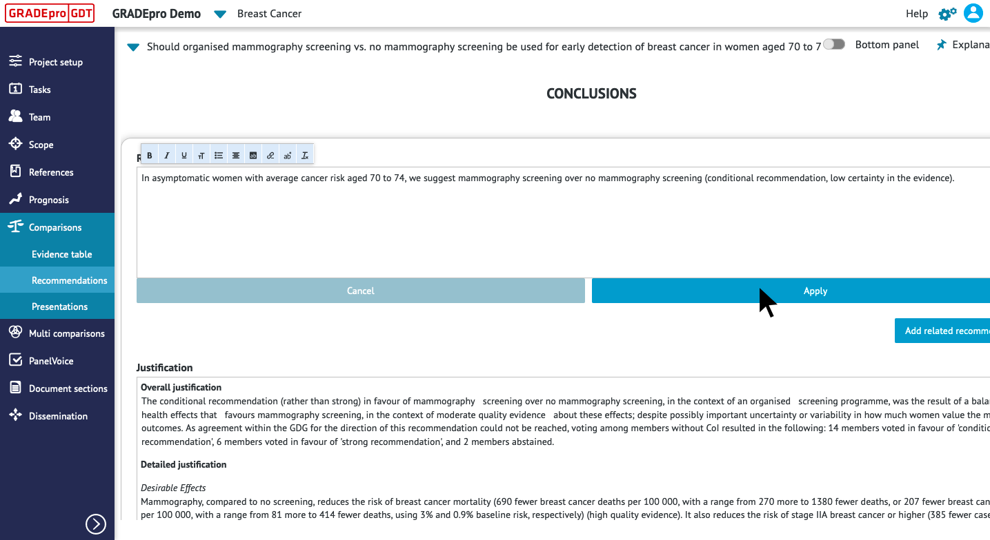 screenshot of Conclusions part of Recommendations section under Comparisons sidebar tab of GRADEpro