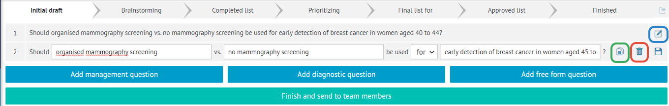 Question generation view with edit, delete, and copy icons on the right-hand side