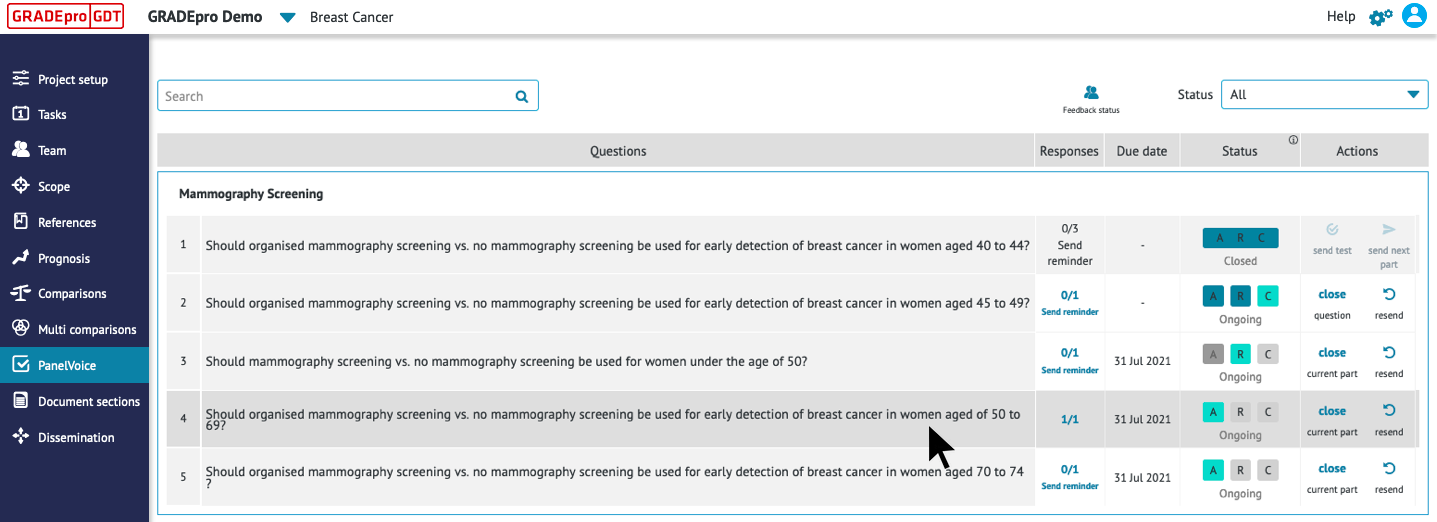 screenshot of PanelVoice panel in GRADEpro with selected question highlighted