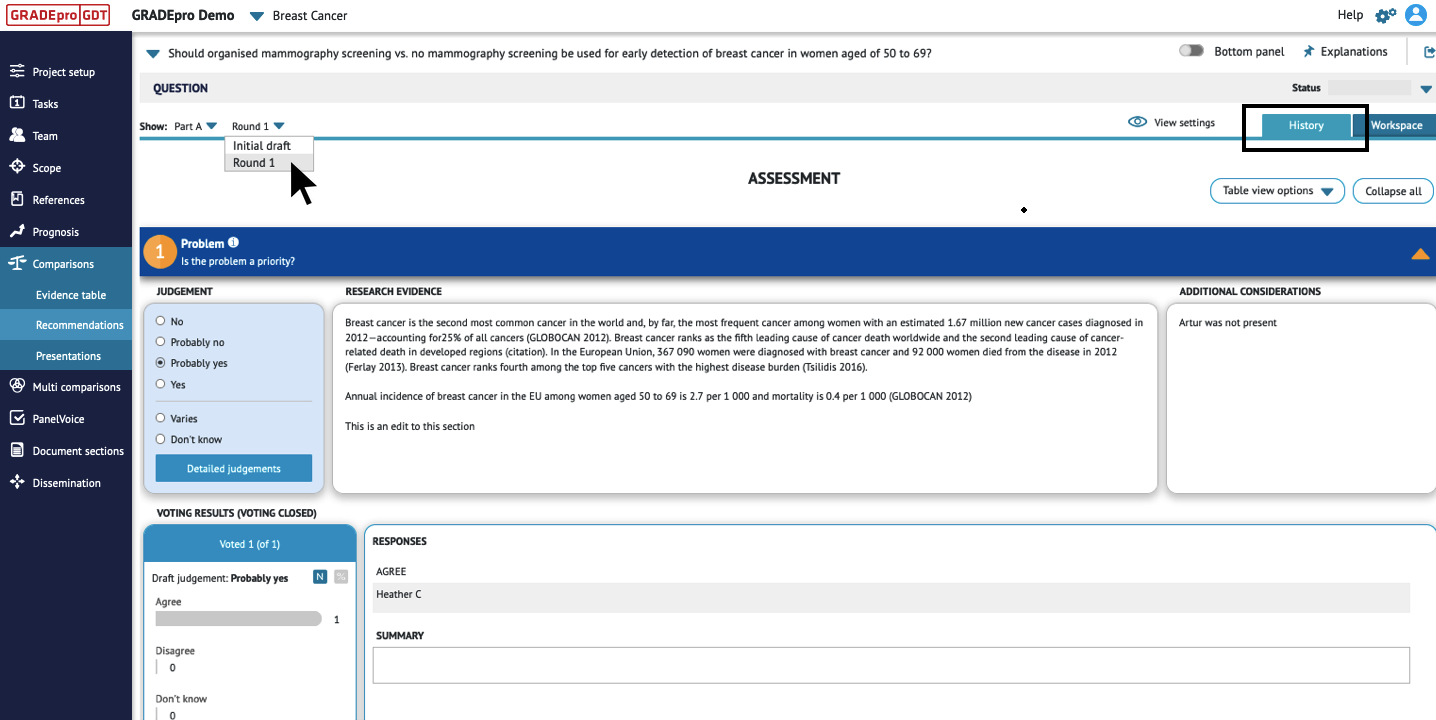 screenshot of History panel of EtD table in GRADEpro