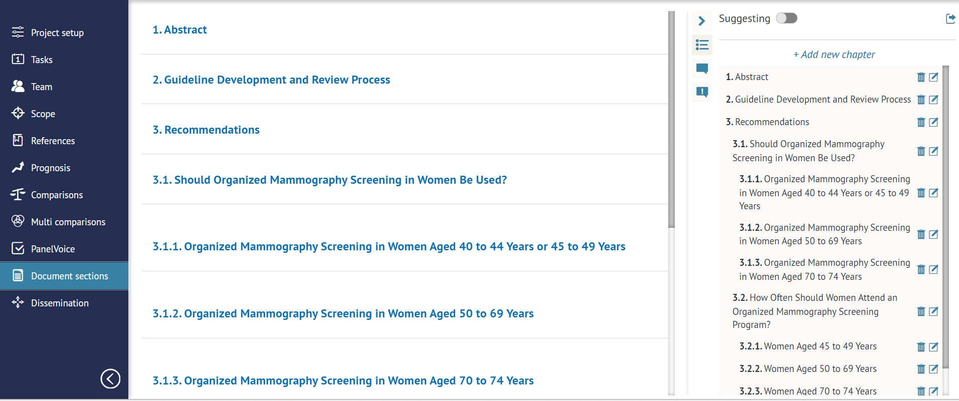 screenshot from 'Document sections' tab with list of chapters