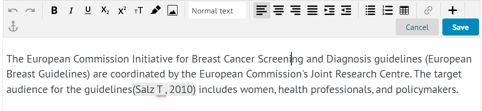 editing text options available in 'Document sections' tab
