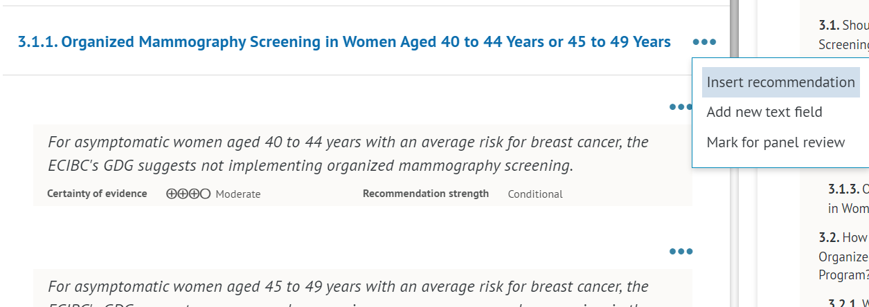 'insert recommendation' option available in 'Document sections' tab