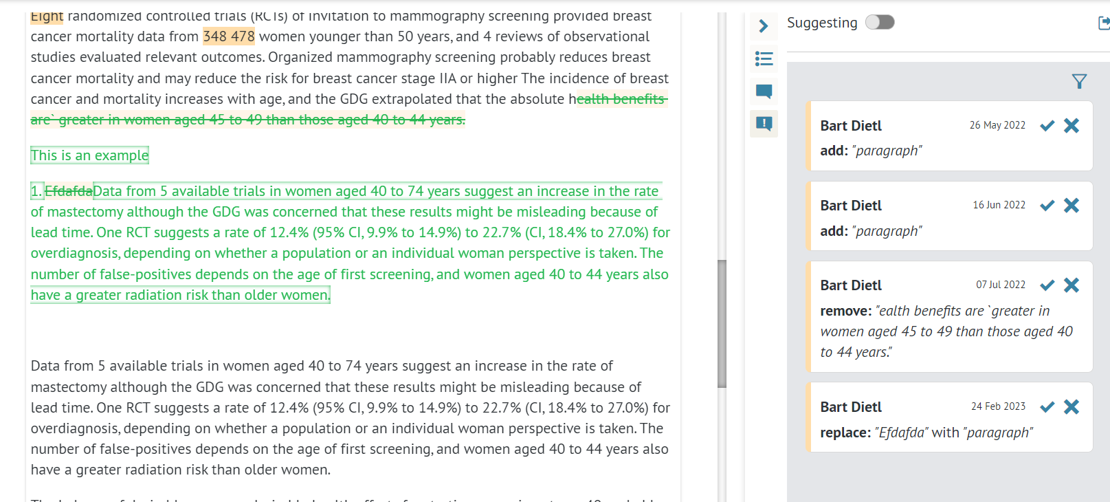 screenshot of exemplary document with 'Suggestion' mode enabled in 'Document sections' tab