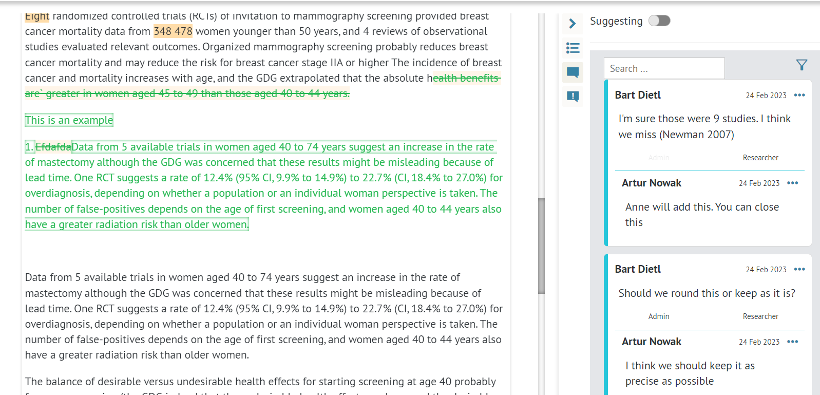 screenshot of exemplary document with 'Suggestion' mode enabled in 'Document sections' tab