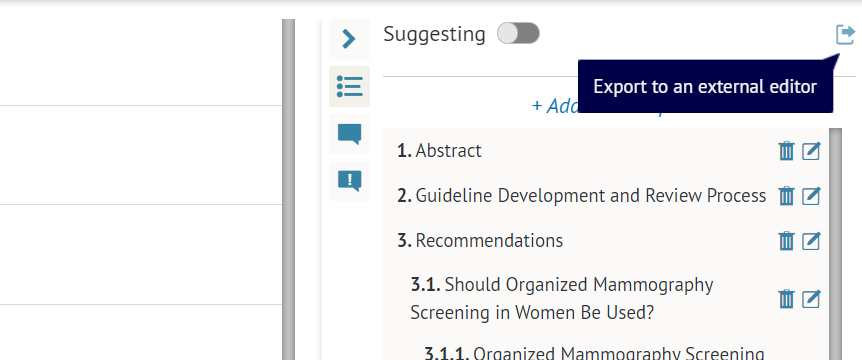 screenshot of 'Export to an external editor' icon available on top right corner of 'Document sections' tab