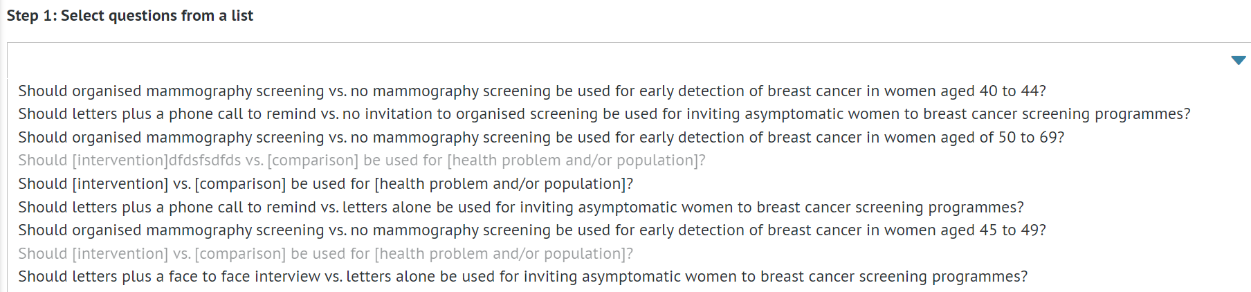 list of PICO questions the decision aid can be based on