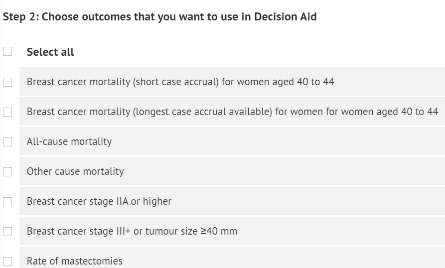 list of outcomes available for decision aid