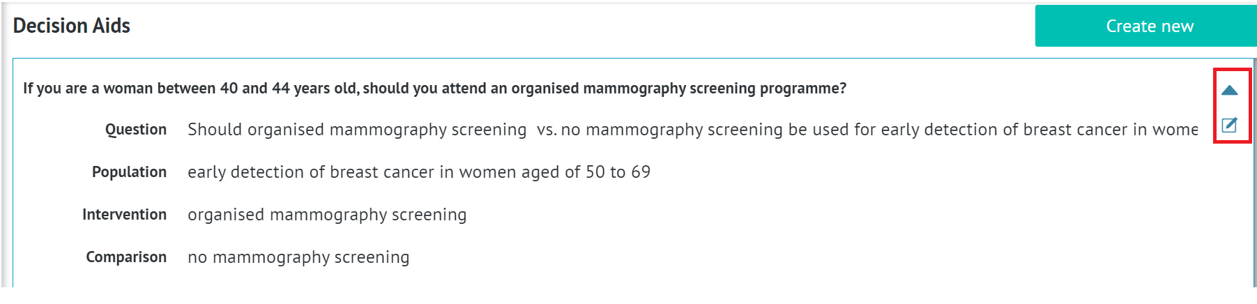 screenshot of new decision aid with managing icons available on right hand side