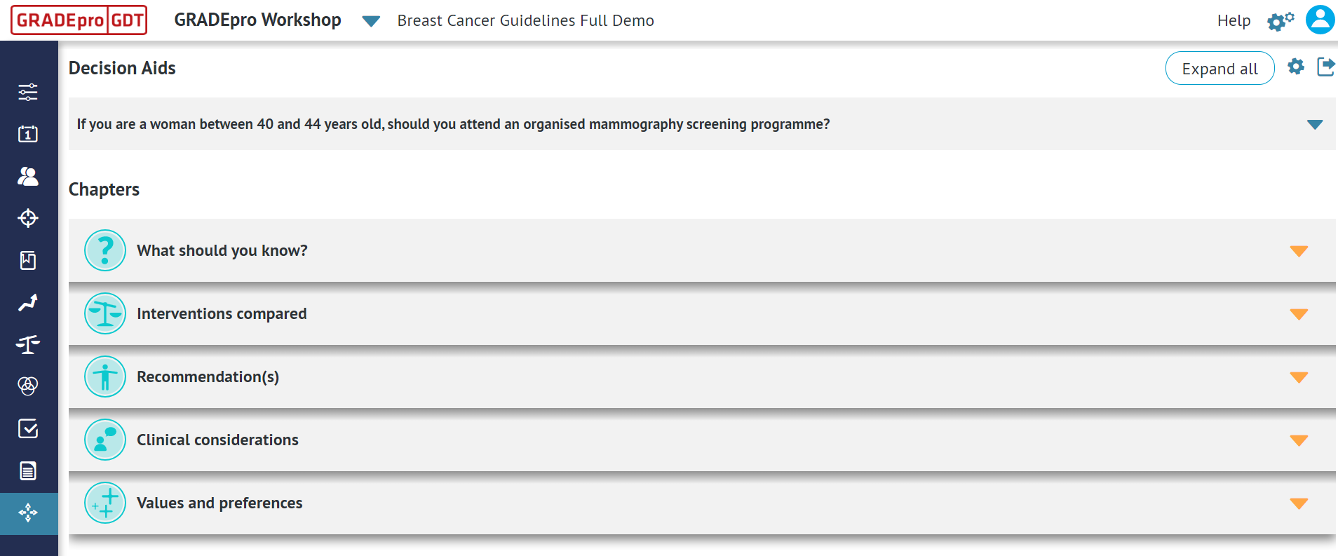 screenshot of newly created decision aid with list of default chapters available