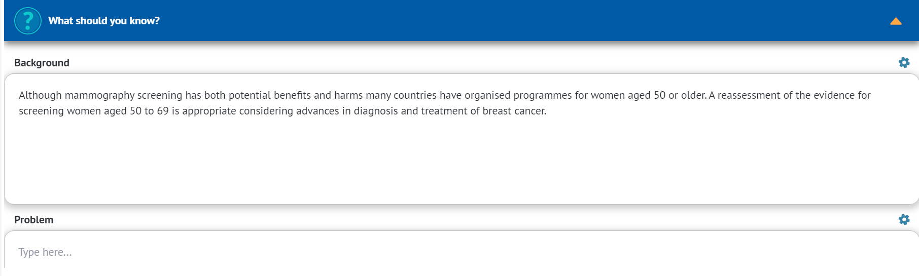 screenshot of newly created decision aid with list of default chapters and subchapters available