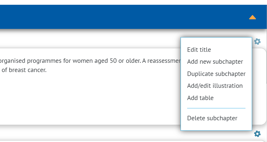 screenshot of newly created decision aid with list of options available for each subchapter under cog wheel icon