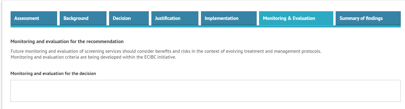 sections Justification, Implementation, and Monitoring of Policymakers' presentation where content can be partly auto-copied from the EtD and partly manually entered to clearly distinguish the decision from the recommendation