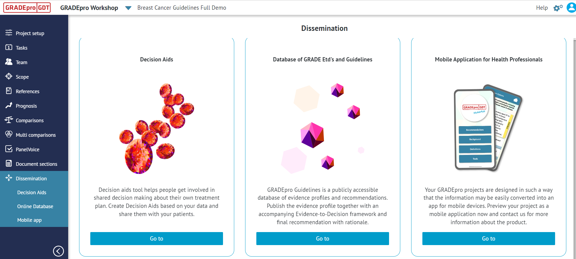 screenshot of project's 'Dissemination' tab