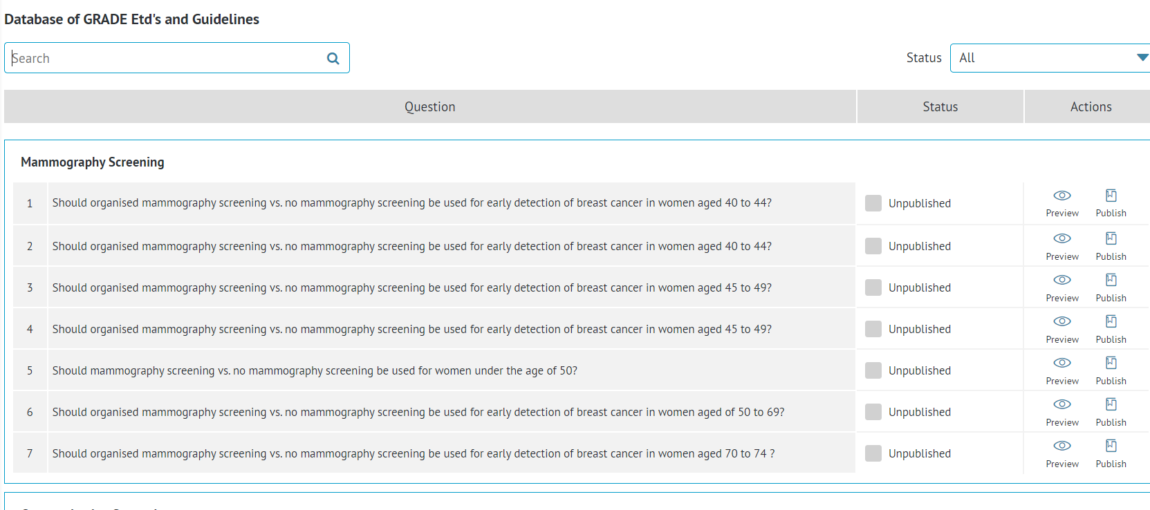 screenshot of Database of GRADE EtD's and Guidelines section from 'Dissemination' tab